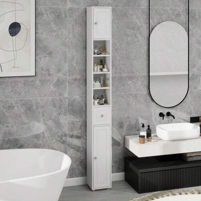 Freestanding Bathroom Cabinet, Vertical Format With Modular Storage, Drawer, Door And Shelf Combination, White Finish, Freestanding Installation