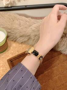 1 chiếc đồng hồ nữ thạch anh bóng bẩy, mặt vuông, thời trang và đa năng cho đeo hàng ngày, có sẵn màu hồng/vàng/đen. - màu đen - Xem 3