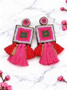 sehuoran 1 对波西米亚风格手工串珠多层方形流苏吊坠耳环，适合女士，混色品牌设计婚礼流苏耳环，珠宝礼物，香槟色耳环 - Style 1 - 查看 4