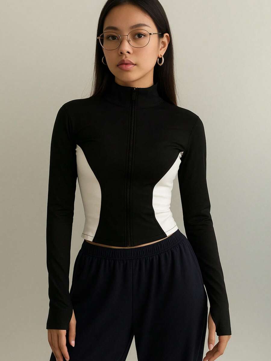 Chaqueta de cuello alto ajustada para exteriores, color en contraste, ropa informal para mujer - Negro - Ver 1