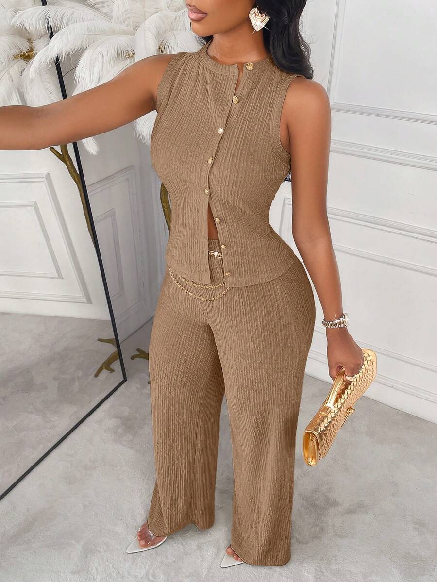 AIJ Top sin mangas a rayas Amarilo y pantalones rectos de 2 piezas, conjunto elegante de negocios casuales, último conjunto de mujer elegante para primavera/verano - marrón claro - Ver 1