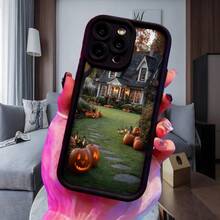 Fashion Mobile Phone Case Halloween Pumpkin Design  Case Black Haunted House Print With Lighted Pumpkins And Festive Path Ideal For Halloween Season And Theme Decoration