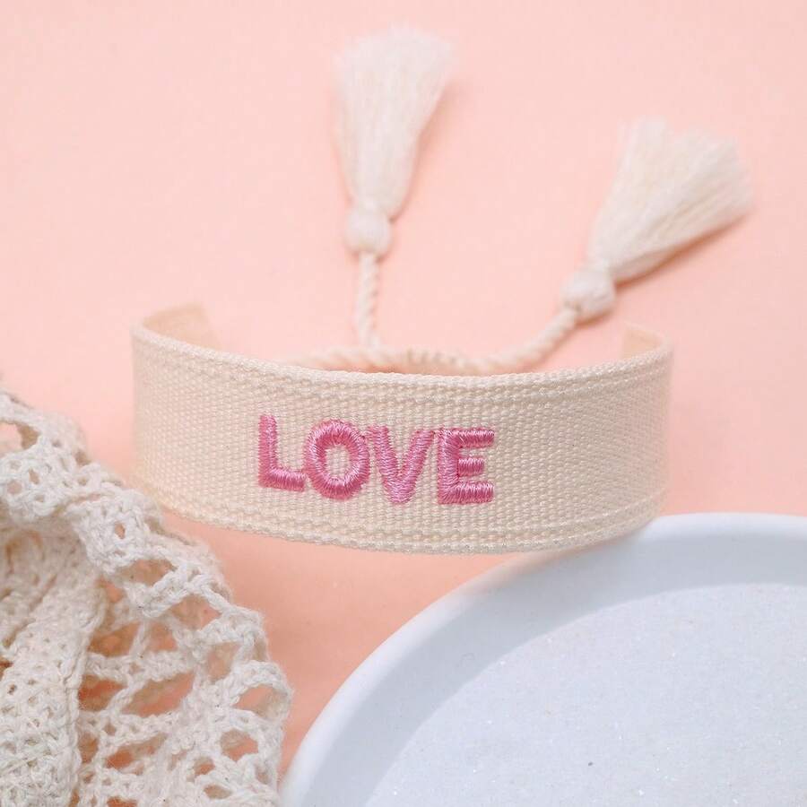1pc Handmade Embroidered Love Letter Boho Tassel Braided Bracelet - Beige - View 1