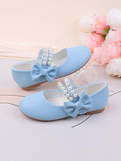 Flower Girl Shoes For Wedding, Party, Holiday, Suitable For Toddler, Little & Big Girls, Blue Pearl Bow Decor Flats, Formal Dress, Recital, Ballet, Mary Jane, Princess Shoes, Comfortable & Versatile