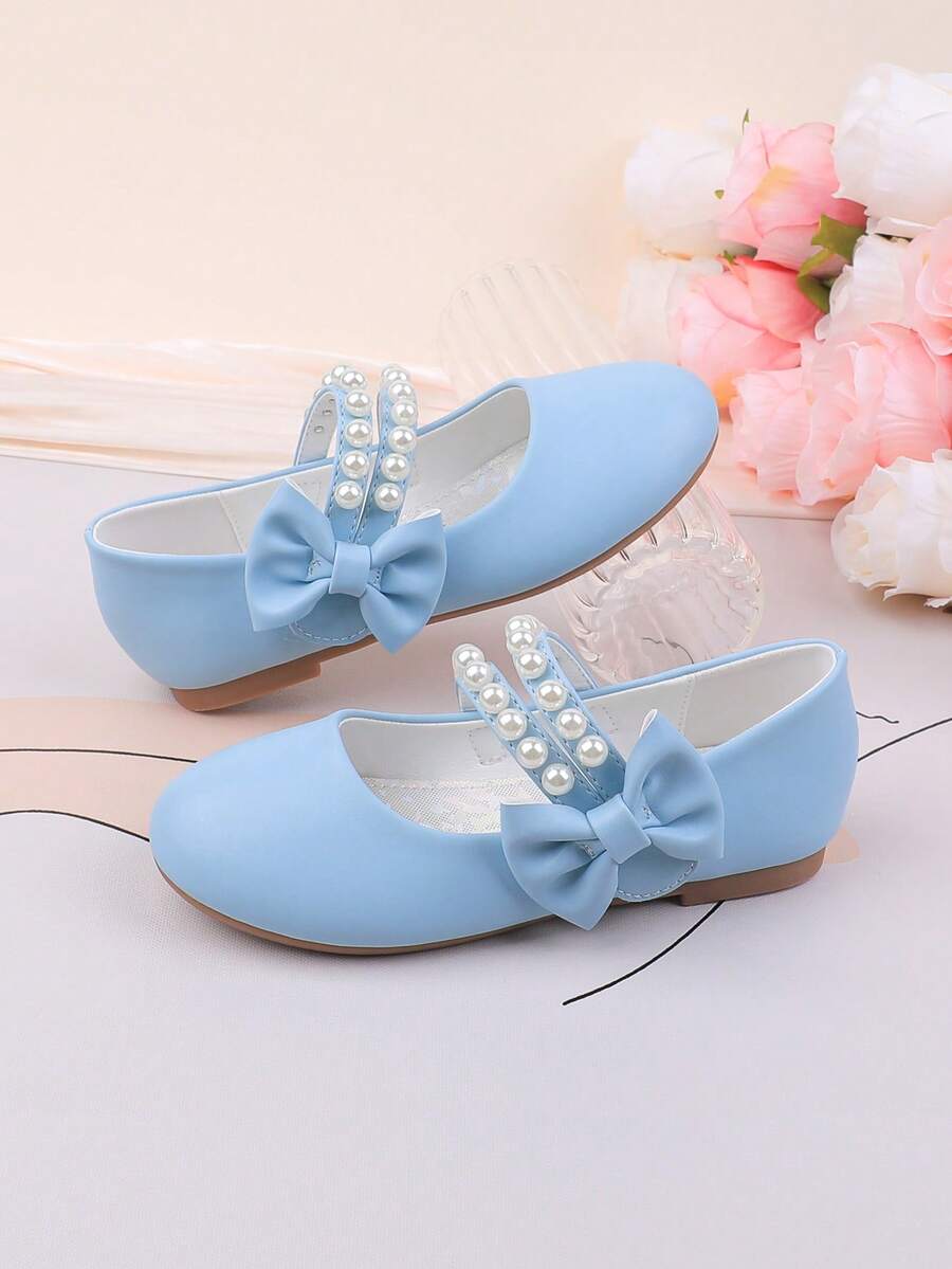 花童鞋适合婚礼、派对、节日，适合幼儿、小女孩和大女孩，蓝色珍珠蝴蝶结装饰平底鞋，正式礼服、独奏、芭蕾舞、玛丽珍鞋、公主鞋，舒适百搭 - 藍色 - 查看 1