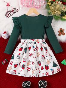 Christmas Girls Ruffle Bow Dress, Snowman Candy Cane Christmas Tree Print Dress - Green - View 2