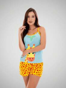 Women's Silk Print Short Doll Pajamas With Comfortable Straps - Màu xanh nhạt - Xem 3