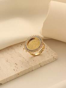 1pc Vintage Copper Alloy Gold Plated Coin Ring With Rhinestones, Suitable For Women's Daily Wear And Holiday Gifts