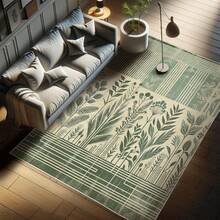 Retro Mid Century Abstract Pattern Rug On Ivory Background, Dark Orange And Reseda Green, 4' X 5' 5", Ideal For Bedroom, Dorm And Living Room - Sampanye Hijau Laurel - View 1