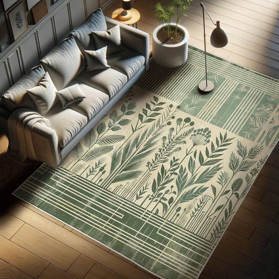 Retro Mid Century Abstract Pattern Rug On Ivory Background, Dark Orange And Reseda Green, 4' X 5' 5", Ideal For Bedroom, Dorm And Living Room - Sampanye Hijau Laurel - View 1