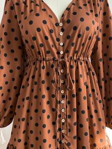 Rusttydustty Plus Size Women's Brown Polka Dot Long Sleeve Waist Cinched Dress, Suitable For Vacation & Everyday Wear, Autumn/Winter - Brown - View 5
