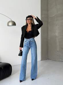 SQUALO Women's Wide Leg Color With Pocket Details Destroyed Retro Washed Street Style Jeans Ripped And Cutout Wide Leg Jeans - Blue - View 9