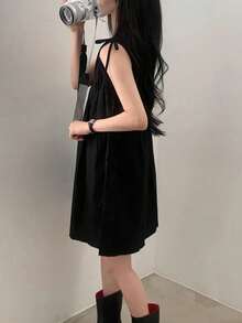 小码女士复古褶皱蝴蝶结无袖露背迷你连衣裙，夏季优雅黑色 - 黑色 - 查看 7