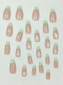 24pcs Almond Shape Minimalist Floral Green Accent 3D French Style Artificial Nail Tips, Sweet & Elegant Design Suitable For Office Ladies, Daily Occasions, Meetings, Dates, Press On Nails, Nails Press On, Christmas & New Year Nails - Nhiều màu - Xem 2