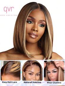 QVR QUEEN VIRGIN REMY QVR渐变棕色波波头蕾丝前假发，真人发丝，带金色条纹，透明蕾丝前假发，4x4封闭式波波头假发 - S4/27/613 - 查看 2