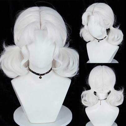Vita syntetiska korta raka peruker Mittdel Anime Spel Cosplay Fluffig Kvinnor Värmebeständig peruk För Dagliga Fester