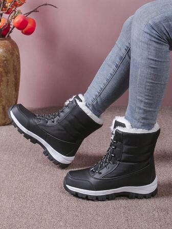 女士时尚黑色雪地靴，轻便防水保暖高帮雪地靴男靴，耐寒户外鞋，前拉链毛领高帮加大码纯色靴子男女情侣鞋，尺码 36-44