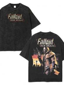 Men Clothes Men's & Women's Acid-Washed Cotton T-Shirt - Double-Sided Retro Fallout New Vegas Graphic Print, Lightweight Vintage Gaming Tee With Geometric Patterns, Regular Fit Casual Streetwear For Summer Men Shirts - màu đen - Xem 7