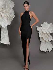 露背针织绷带连衣裙，奢华欧式风格，性感露背开衩晚礼服，修身铅笔裙，适合家庭聚会和正式场合