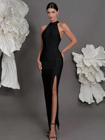 Rygglös stickad bandageklänning, lyxig europeisk stil, sexig rygglös slits aftonklänning, figurnära pennklänning för familjefester och formella evenemang