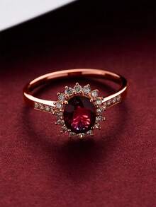 BALMORA 1 chiếc nhẫn bạc nguyên chất mạ vàng 18K đính đá Ruby Zirconia cổ điển S925, món quà thanh lịch và tinh tế dành cho cô ấy - Hoa hồng vàng - Xem 6