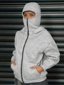 Extra Long Zip-Up Sweatshirt With Balaclava Hood, Dual Pockets, Face Mask, Thermal Lined, Placket And Pockets, Suitable For Autumn, Winter And Spring, Suitable For Vacation, School, Office, Home And Daily Wear