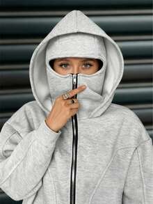 Extra Long Zip-Up Sweatshirt With Balaclava Hood, Dual Pockets, Face Mask, Thermal Lined, Placket And Pockets, Suitable For Autumn, Winter And Spring, Suitable For Vacation, School, Office, Home And Daily Wear