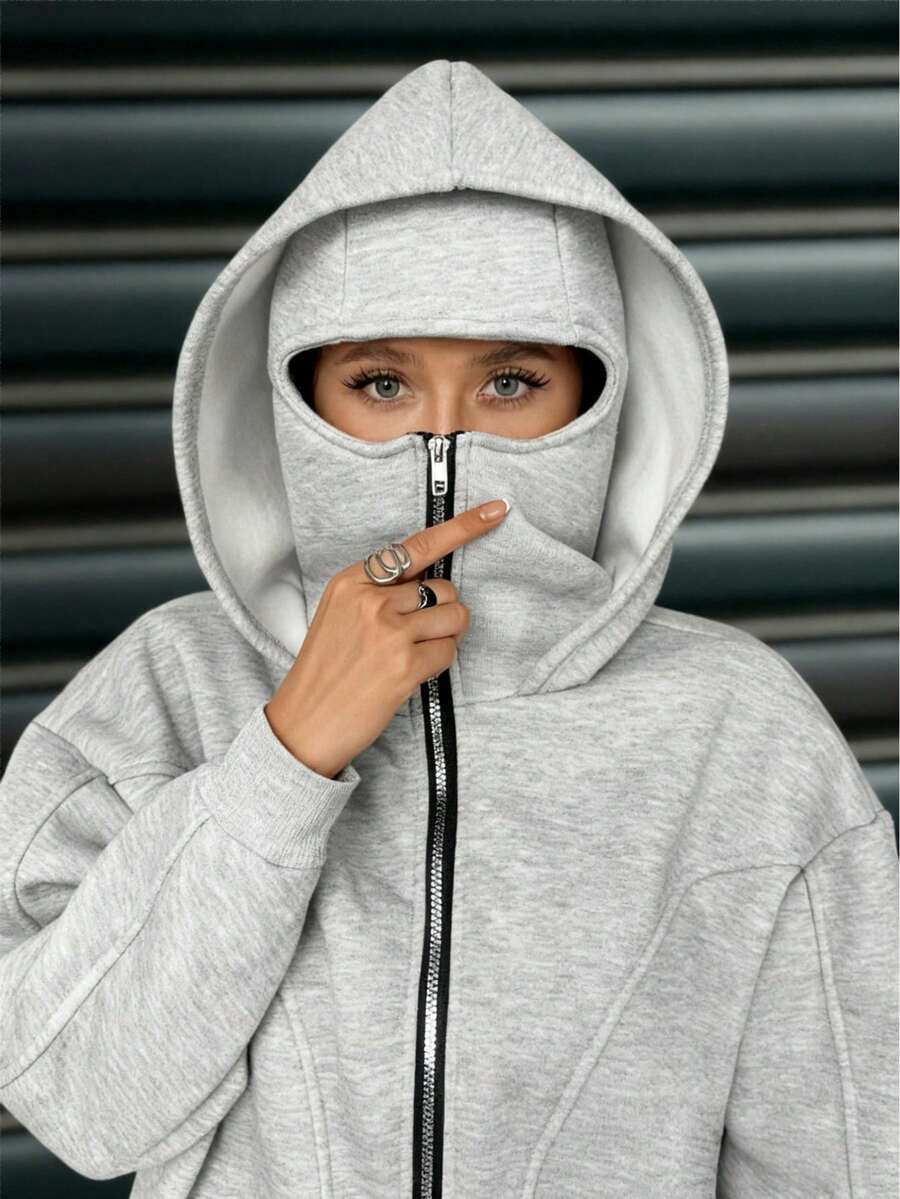 Extra Long Zip-Up Sweatshirt With Balaclava Hood, Dual Pockets, Face Mask, Thermal Lined, Placket And Pockets, Suitable For Autumn, Winter And Spring, Suitable For Vacation, School, Office, Home And Daily Wear