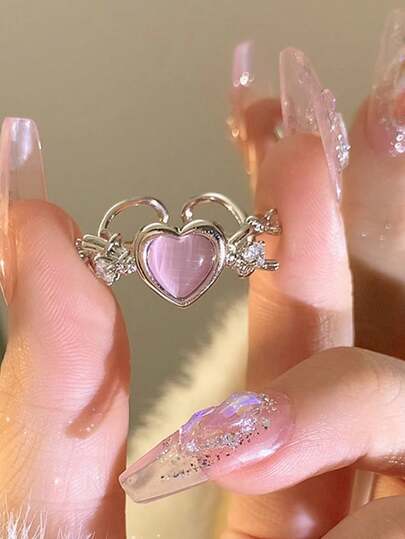 1 Stück verstellbarer rosa Herz-Strass-Luxusring, modischer Schmuck für Braut, Brautjungfer, Hochzeit, Party, Paar, Alltag