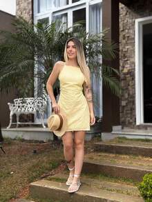 Short Laise Dress With Thin Straps - Màu vàng - Xem 5