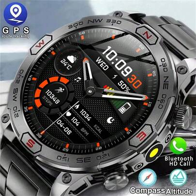  KENPANG 2025 New Outdoor Men's Smartwatch, With LED Flashlight, 1.43-Inch (3.63cm) AMOLED Full Touch Screen, Compass, IP68 Waterproof Smart Bracelet, Wireless Calling, Equipped With 450mAh Battery, Off Screen Time Setting, 8 Menu Styles, Health Monitoring, 107 Outdoor Sports Smartwatches With Sports Mode, GPS Tracking, Wireless Smartwatches Compatible With Ios And Android Phones, The Best Gift For Boyfriends.