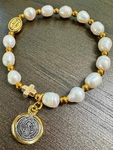 1pc Faux Pearl Beaded Flower & Cross Virgin Mary Pendant Bracelet, Vintage Style Suitable For Men And Women Daily Wear, Jewelry Gift