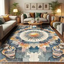 Retro Mid Century Abstract Pattern Rug On Ivory Background, Dark Orange And Reseda Green, 4' X 5' 5", Ideal For Bedroom, Dorm And Living Room - Biru Abu-abu Aprikot Beige - View 4