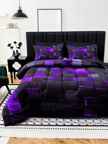3PCS Fashion Tech-Feel Super Soft And Breathable Thicken Plaid Bedding Set (1 Comforter + 2 Pillowcases, Without Pillow Inserts), Quilted For Comfort And Warmth With Digital Print, Suitable For  In Bedrooms, Dormitories, And Hotels - 彩色 - 查看 3