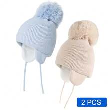 2顶冬季保暖针织婴儿帽，女童毛球儿童幼儿男童针织帽，带保暖内衬 - 橫條紋2件裝 - 查看 20