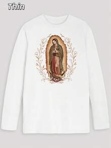 Our Lady Of Guadalupe Virgin Mary Long-Sleeved Shirt, Mother TShirt, Latina TShirt Gift For Catholic Mom, Vintage 90s Y2K Tee - Soft, Breathable Crew Neck Tee, Lightweight & Comfortable Casual Summer Wear, Women's Tops, White - White - Long-sleeved - 查看 3