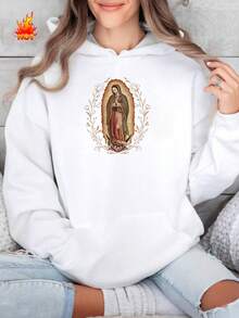 Our Lady Of Guadalupe Virgin Mary Fleece Hoodie, Mother Hoodie, Latina Hoodie Gift For Catholic Mom, Vintage 90s Y2K - Soft, Breathable Crew Neck, Lightweight & Comfortable Casual Summer Wear, Women's Tops, White - White - Fleece Hoodie - 查看 2