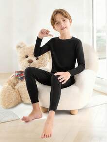 男童保暖内衣套装（8-12岁/120-160厘米） - 圆领长袖上衣和裤子，黑色 | 保暖内衬，超保暖透气 | 修身剪裁，适合居家玩耍、上下学、滑雪旅行 | 防静电，速干 | 冬季/圣诞节必备