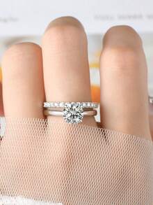 XUJIA 1 Set Of 925 Sterling Silver Wedding Anniversary Round Cut 8mm & 2mm Moissanite Women's Four-Claw Wedding Ring Set