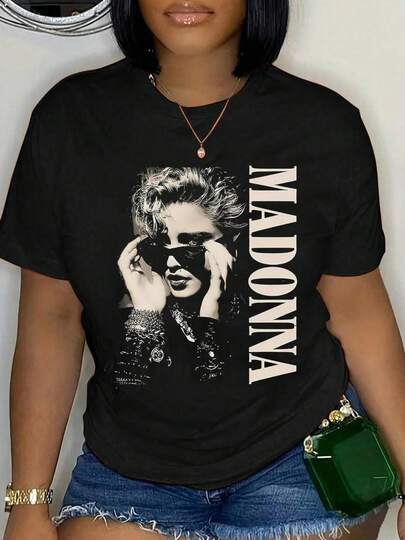 100% Cotton Madonna Portrait With Sunglasses And Name Round Neck Short Sleeve T-Shirt Women's Men's Graphic Tee