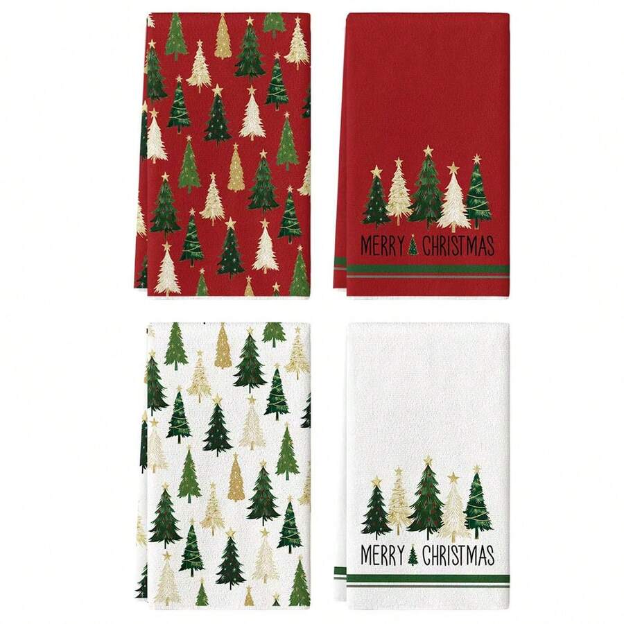 2pcs/4pcs Christmas Pine Tree Red & White Super Soft Fiber Kitchen Cleaning Towels, 45*66cm Seasonal Kitchen Decor Dish Cloths, Christmas Home Decor, Housewarming Bathroom Gift - Multicolor - View 1
