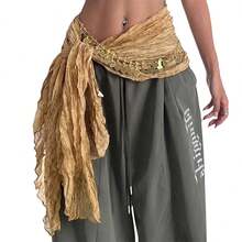 Belly Dance Hip Scarf For Women/Girls, Y2K Pleated Belt Shawl Jazz Hiphop Waist Belts With Coins Chains - 黃色 - 查看 6
