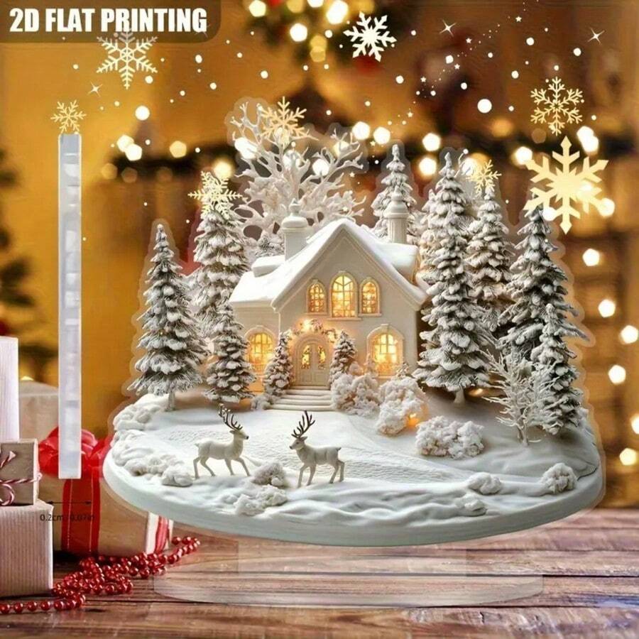 2D Flat, 1pc Elegant Snowy Cabin & Reindeer Scene Desktop Decor - Waterproof, Scratch-Resistant Acrylic Figurine With Base, Suitable For Home Or Office, Perfect Holiday Gift & Christmas Choice, 2D Flat, Christmas Home Decor, Christmas Village Accessory, Seasonal Decor, Minimalist Design, Durable Material, Scratch-Resistant Decoration, Seasonal Decor Enthusiast - Multicolor 1 - View 1
