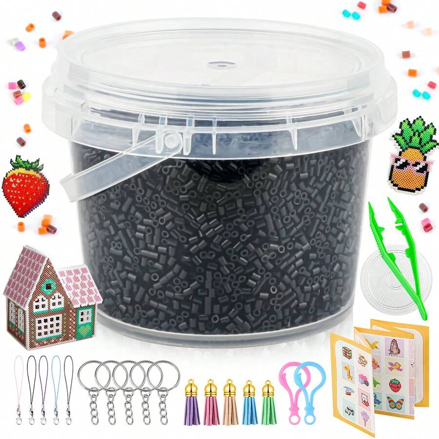 Kit de mărgele negre termofuzibile de 18000 buc + 2,6 mm cu găleată transparentă din plastic, pandantiv DIY, bijuterii, placă perforată, manual de referință pentru diverse modele, breloc cu 5 buc, șnururi în culori mixte, accesorii cu ciucuri, set cadou pentru petreceri