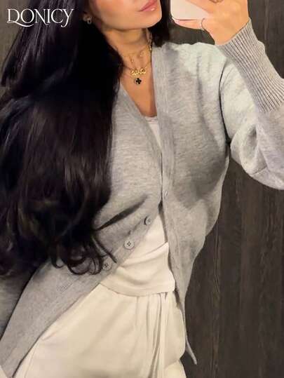 DONICY Veste-cardigan à manches longues, col V profond, boutonnage simple, couleur unie, style rétro élégant minimaliste casual gris. Convient pour le quotidien casual, les affaires, les sorties, les rendez-vous, les fêtes
