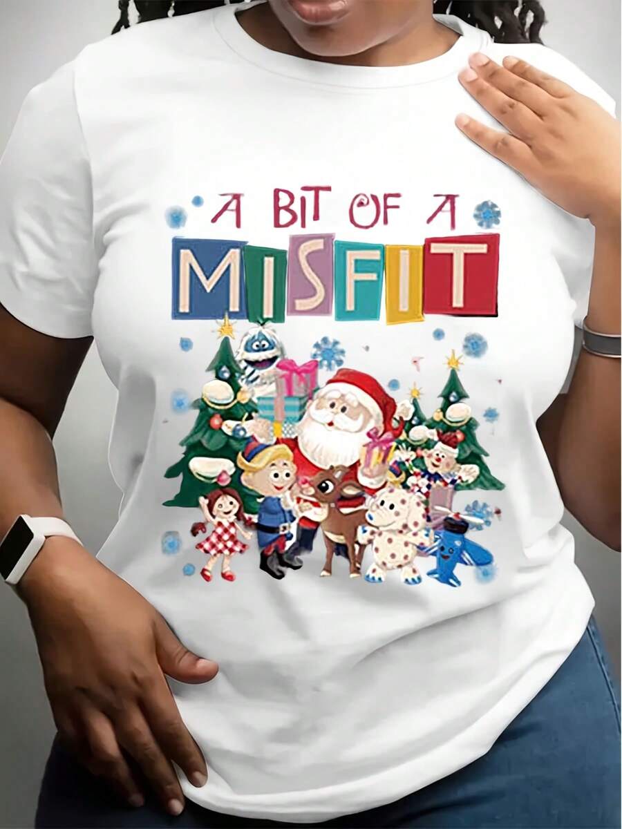 A Bit Of A Misfit Christmas T-Shirt For Women, Funny Holiday Graphic Tee With Santa, Rudolph, Snowman And Cartoon Characters, Black Plus Size Xmas Shirt For Festive Season - 白色 - 查看 1