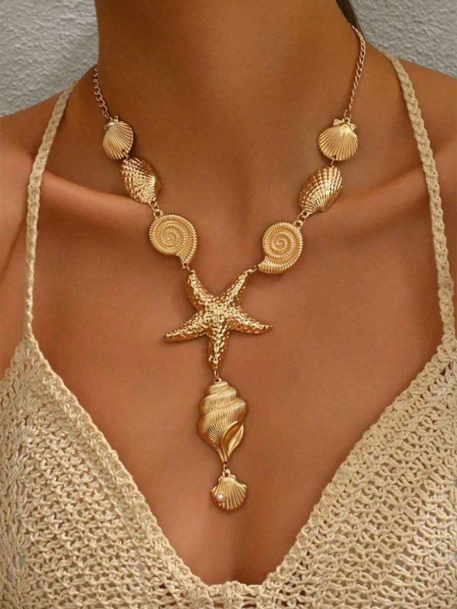 1pc European & American Style Personalized Seashell, Starfish, Metal Necklace For Women, Ocean/Beach Vibe Mermaid Jewelry, Suitable For Summer