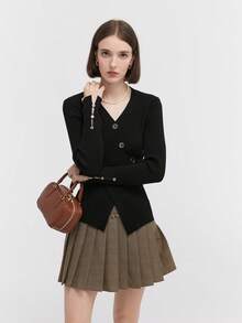 Women's Solid Color Button-Up Fitted Long Sleeve Knit Top - Black - View 7