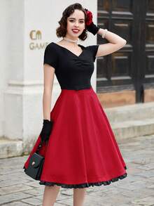 1950s Retro Dual-Color A-Line Party Dress - Red - View 5