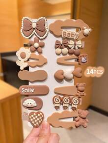 14pcs Colorful Multi-Element Decorative Cute Girl Hair Clips & Accessories